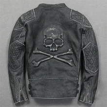 Мужская натуральная кожаная куртка с черепом для мотоциклистов винтажный узор новая куртка Роскошная воловья кожа пальто