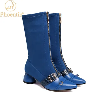 

Phoentin Mid Calf Women's Boots Blue Pointed Front Zip Boot Luxury Female Leather Shoes Women Zipper With Belt Med Heels FT1273