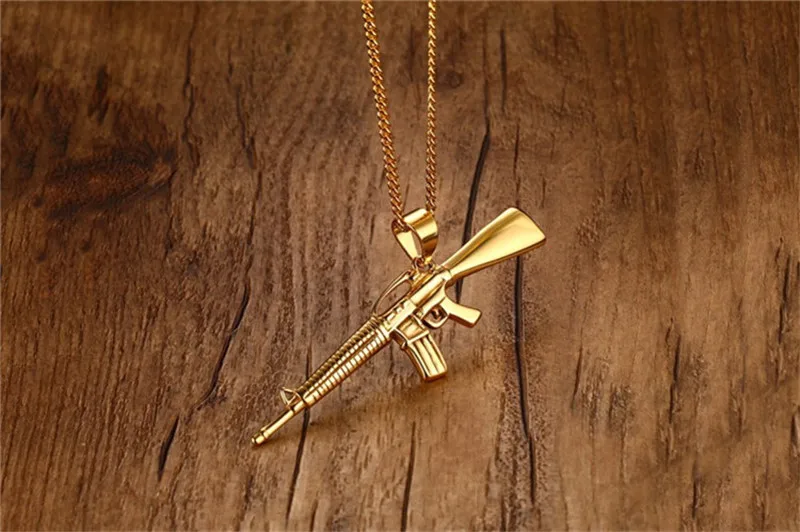 Ожерелье с золотыми дужками из нержавеющей стали, Мужская цепочка с подвеской в виде пистолета, большое ожерелье с пулеметом, мужские ювелирные изделия в стиле панк на шею в стиле хип-хоп