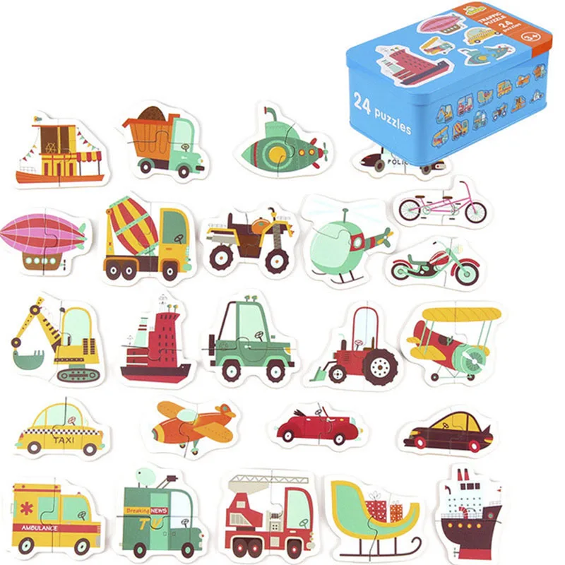 Kids Creative Wooden Puzzle Iron Box Kindergarten Baby Early Education Cartoon Animal Traffic Puzzle Cognitive Interactive Game 7