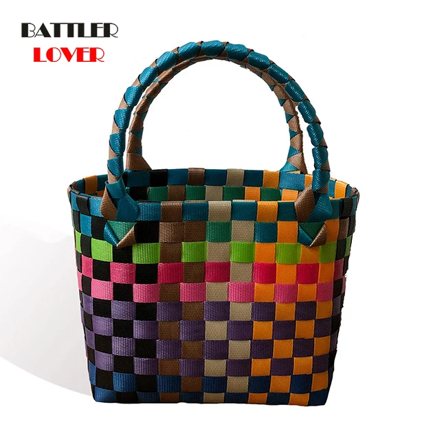 New Bohemian Beach Women Handmade Straw Bucket Bags Summer Grass Drawstring Top-Handle bag