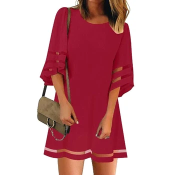 

Pop Womens 3/5 Bell Sleeve Crewneck Mesh Panel Swing Loose Dress For Summer Pop 88
