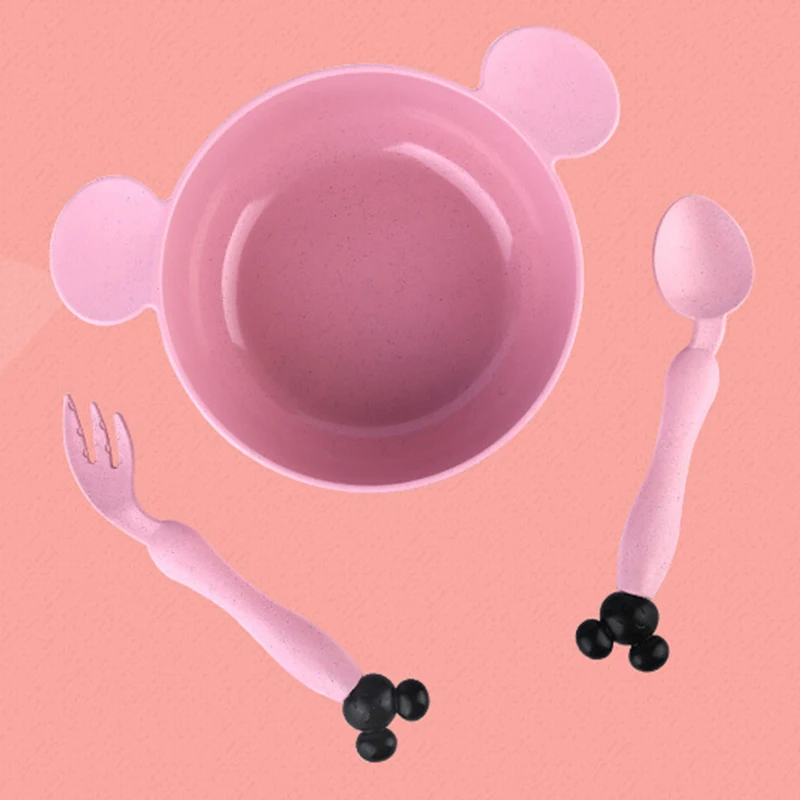 Pink Set 3 шт./компл., детская посуда для еды с героями мультфильмов, детская тарелка, посуда для кормления детей ясельного возраста, Детская тренировочная чаша, ложка, вилка - Цвет: Pink Set
