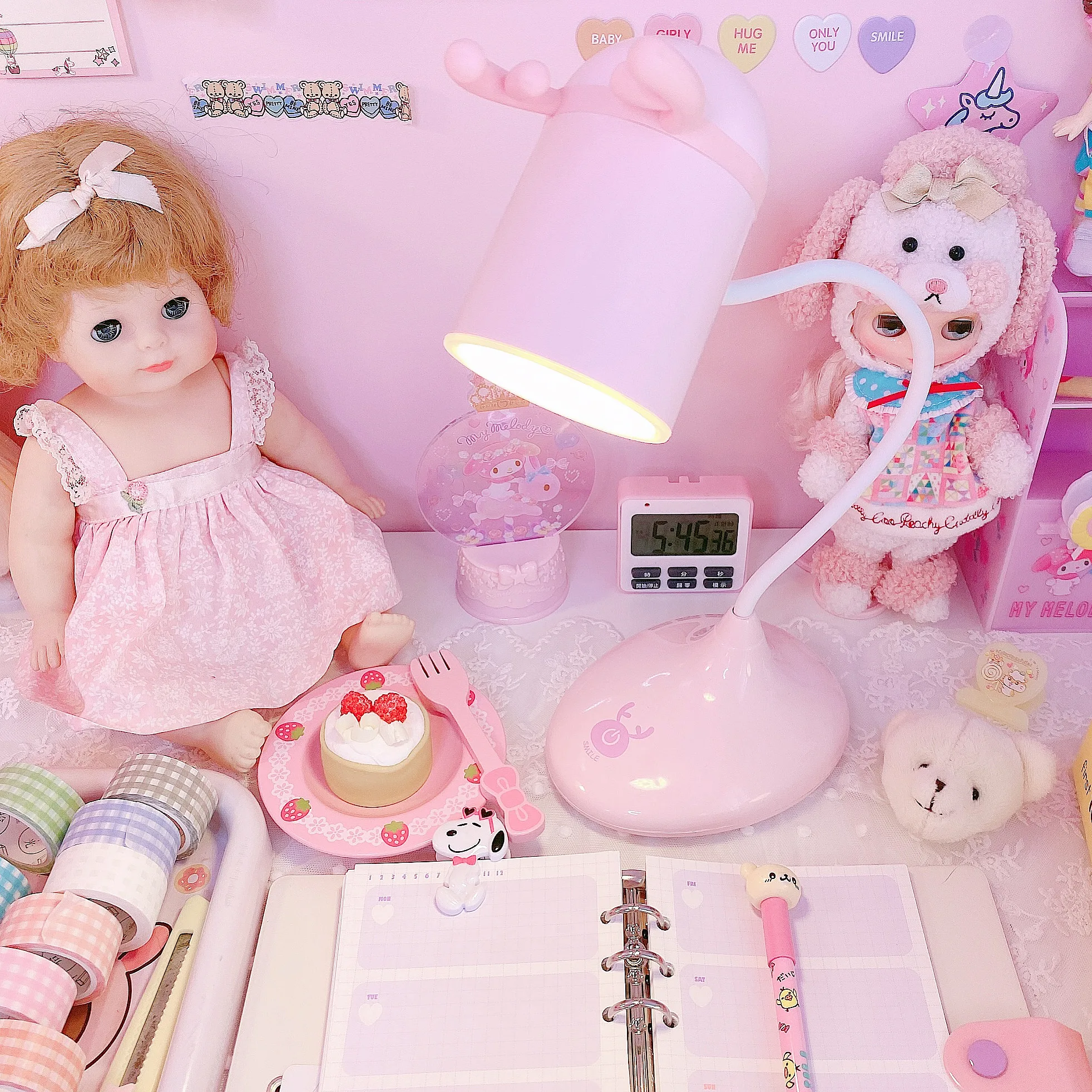 Cute Pink Antlers Desk Lamp with Night Light Touch switch Dimmer Rechargeable Battery Desk Light US