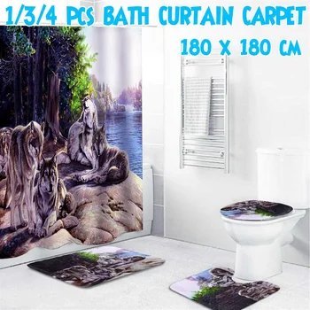 

NEW 1/3/4Pcs Lake Wolf Shower Curtain/Bath Mat/Toilet Pad Set Character Pattern Anti-slip Toilet Pattern Carpet Mat with Hooks