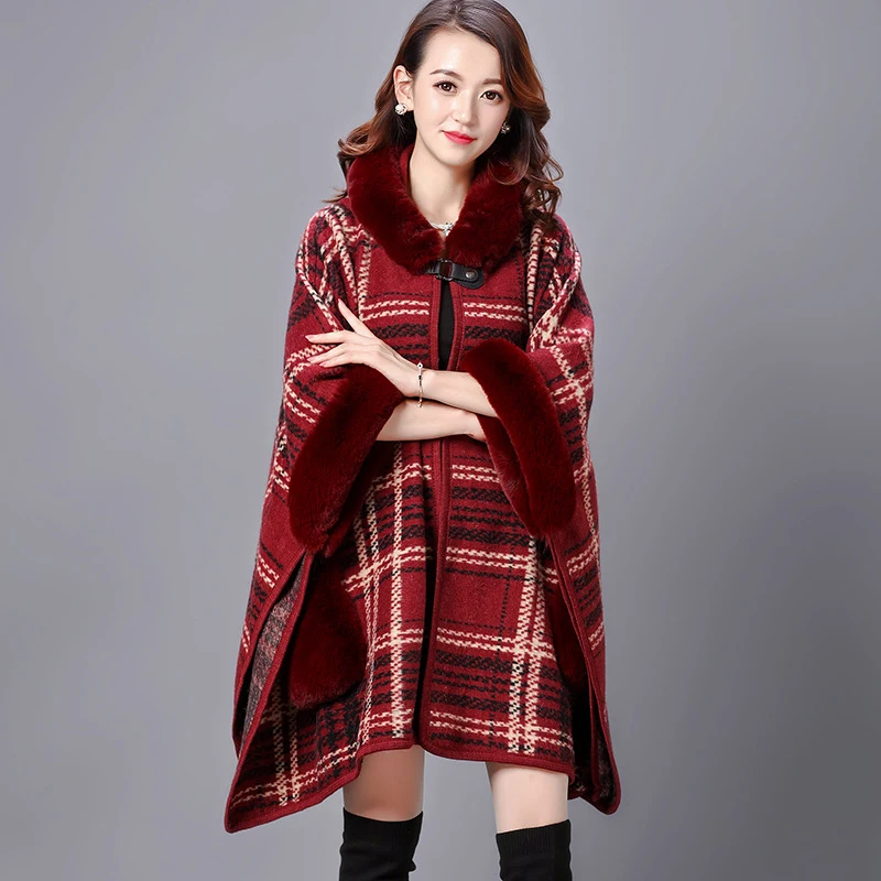 

Women Trench Fake Fur Plaid Elegant Autumn Winter Coat Cardigan Pocket Windbreaker Lady Japan Style Woman Cape Female LS187