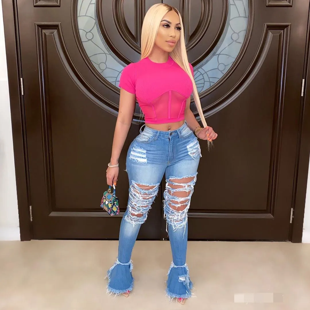 

2020 Women Slim Fit Mopping Jeans Fashion Ripped Solid Color High-waist Stretch Denim Trumpet Pants