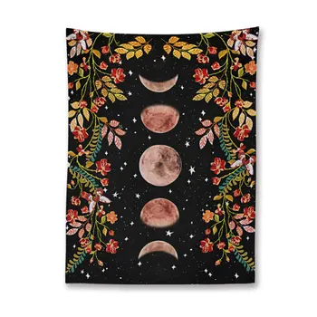 

Garden Tapestry Galaxy Starry Moon Phase Watercolor Floral Flower Vine Blcak Backdrop Wall Haniging Tapestry for Bedroom
