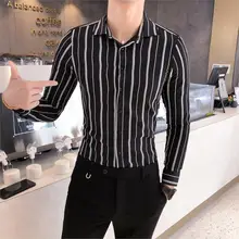 Мода Черная Мужская рубашка в полоску мужская рубашка в полоску высококачественные мужские рубашки в стиле кэжуал с длинными рукавами приталенная мужская рубашка