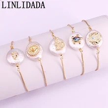 8Pcs New Cubic Zirconia Micro Pave Charm Round Freshwater Pearl Connector Bead Link Bracelet For Women Girl