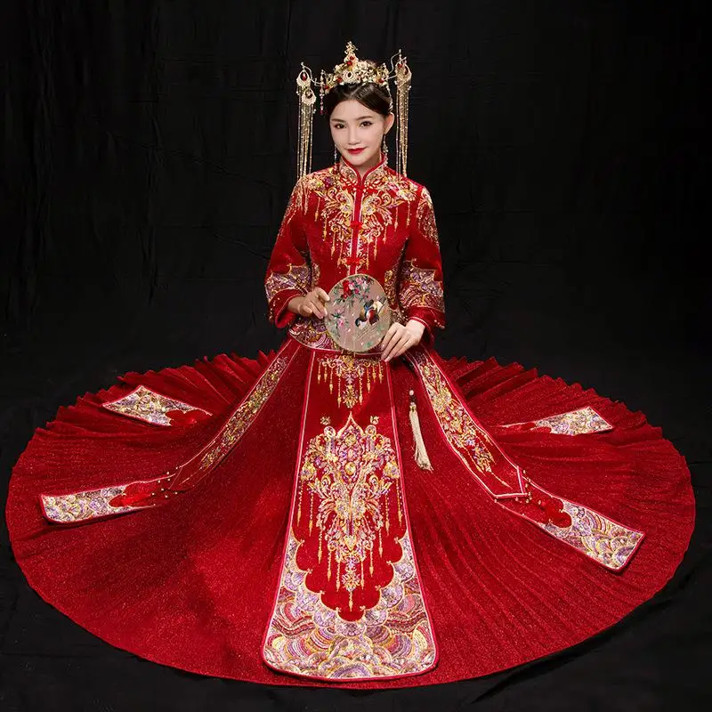 Полная длина свадебное платье Qipao платье тонкий 2 шт рубашка и юбка плиссированные вечерние платье в традиционном китайском стиле Женская Вышивка Cheongsam - Цвет: Flower Rhinestone A