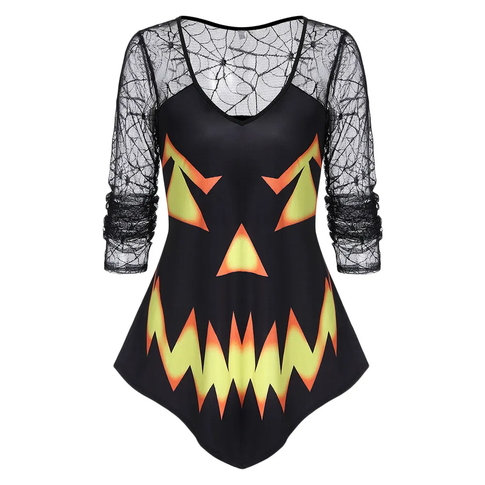 

New Womens Halloween Gothic T-Shirt Pumpkin Face Print Spider Web Lace Mesh Casual Top Female Cosplay America Sexy Fall TShirts