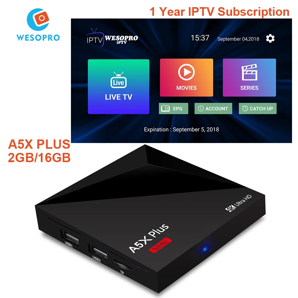 

A5X Plus Android 8.1 TV Box with Arabic French Portuguese German Italy Spain Dutch Belgium Sweden UK US CA M3U IPTV Subscription