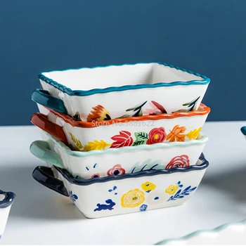 

Four Seasons Baking Pan With Handle Square Ceramic Glaze Lasagna Pan Bakeware Dish Baked Rice Salad Plate Dinnerware