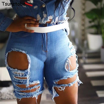 

Tsuretobe Sexy Hole Ripped Denim Shorts Women Irregular Tassel Short Jeans Summer Casual Stretch High Waist Pants Short Female