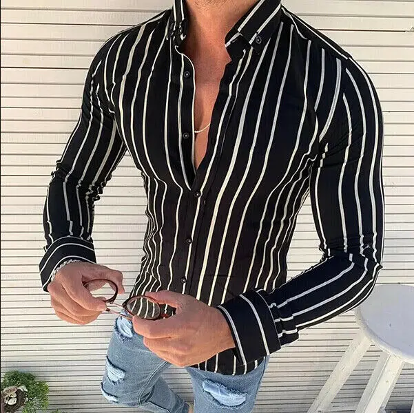 New Men Shirt Long Sleeve Casual Striped Button Turn-down Neck Fashion Slim Blouse Mens Tops | Мужская одежда