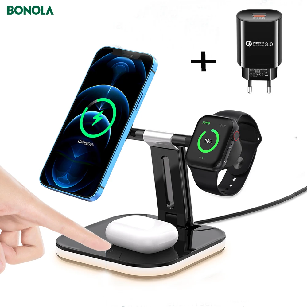 Bonola Magnetic Charge Wireless 3 in 1 for iPhone 11 12Mini/Pro Max 15W Fast Charging Station for Apple Watch/Airpods Pro Charge