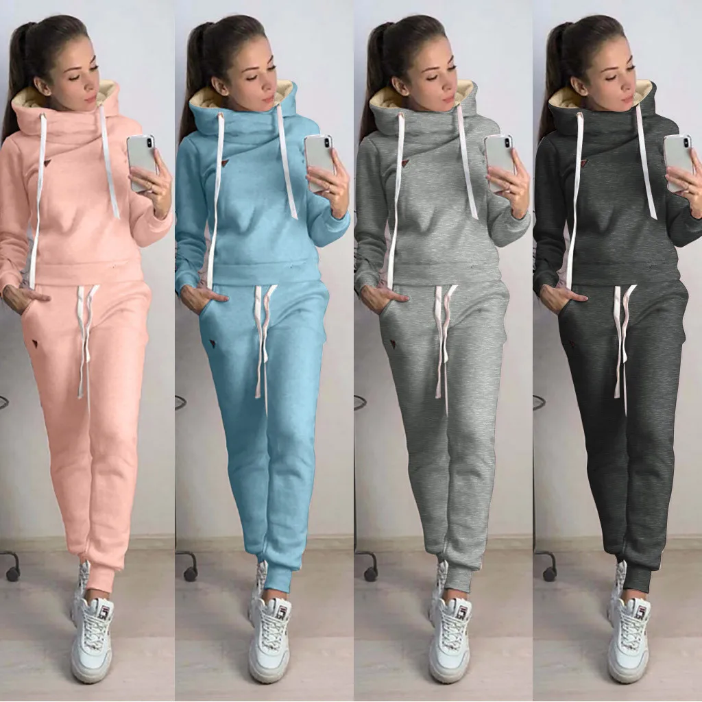 

Winter 2 pieces sets outfits Women Casual Solid Hooded Long Sleeve Sport Tops+Long Pants Set chandal mujer invierno #281024