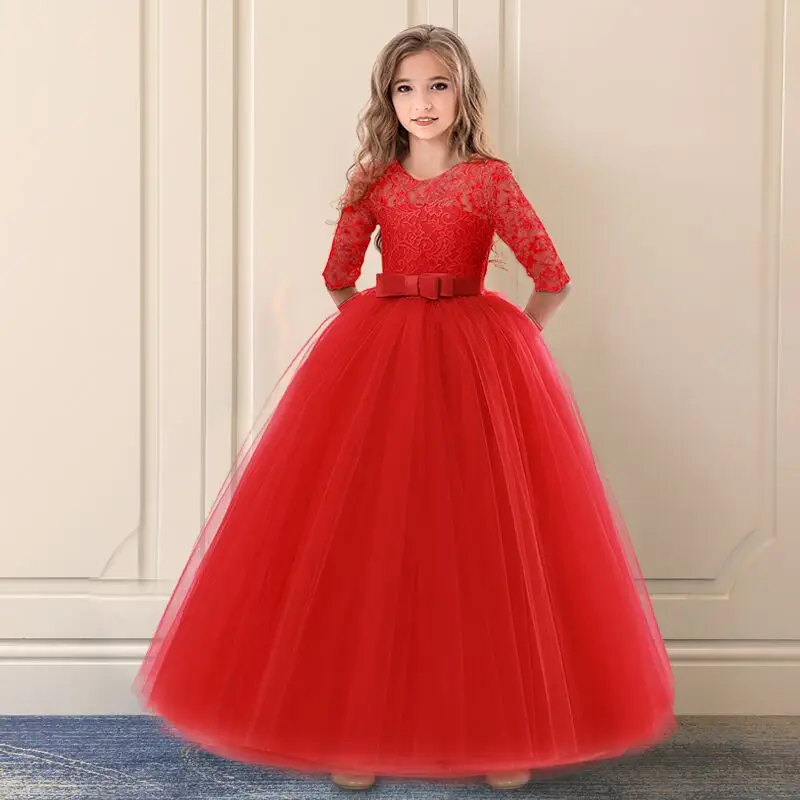 Красное кружевное платье с вышивкой для девочек, рождественское платье для дня рождения платье с цветочным рисунком на свадьбу, Детские торжественные платья для девочек, подростковая одежда для детей возрастом от 6 до 14 лет - Цвет: Red 4