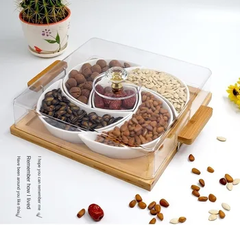 

Separated ceramic dried fruit platter square snack candy nut box combination with lid snack tray WF9173