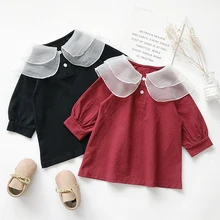 Новинка г.; осеннее Повседневное платье для маленьких девочек с газовым воротником; свободное платье с длинными рукавами-буфами; платье принцессы для девочек