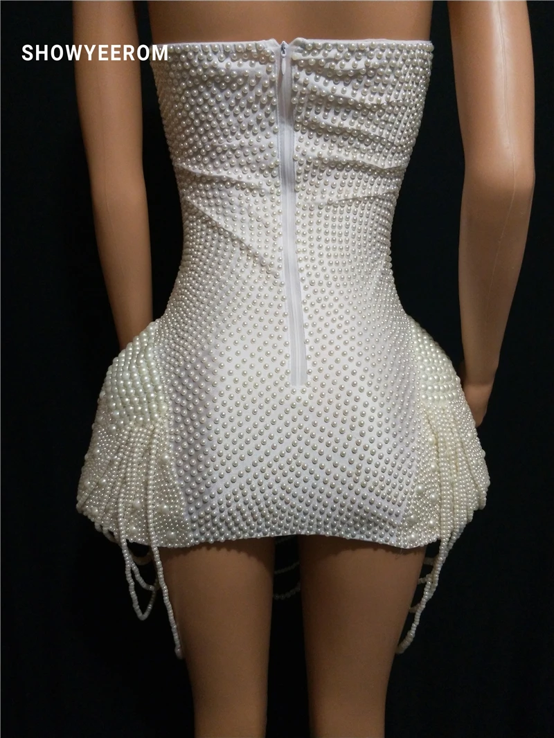 Женская певица одежда белый жемчуг бисером короткая юбка джаз танец наряд вечерний сценический костюм для шоу Выпускной День рождения