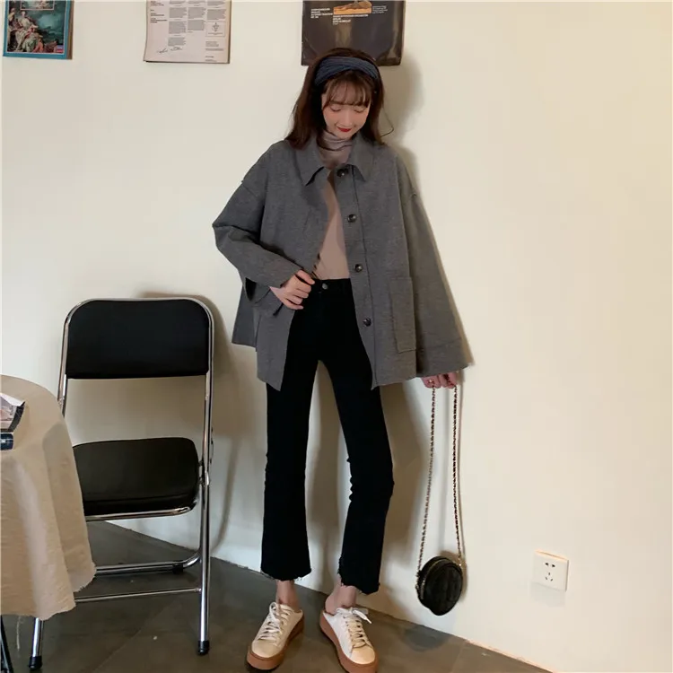 Чистый красный пальто Для женщин Стиль Мода в начале осени в Корейском стиле-Стиль записная книжка С ПЕРЕПЛЕТОМ с подходит для студентов однотонная Цвет шерстяная ткань для похудения Короткие