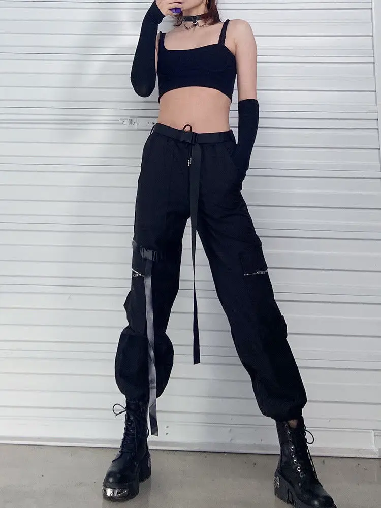Description Picture 6 of itemQWEEK Techwear Gothic Black Cargo Pants Women Mall Goth Streetwear Joggers Oversized Pockets Loose Trousers For Female Punk Kpop