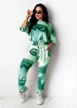 

US Dollar Print Women Two Pieces Sets Summer Tracksuits Tee Tops Joggers Sweatpants Leggings Suit Fitness 2 pcs Outfit