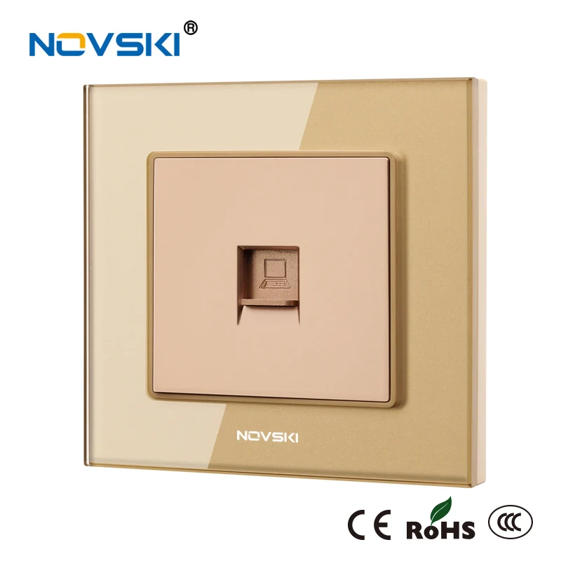 Champagne Gold NOVSKI RJ45 Cat6 10 Гбит/с интернет-разъем настенная розетка для передачи данных компьютерная Ethernet розетка кристальная панель из закаленного стекла 86*86 мм - Тип: Champagne Gold