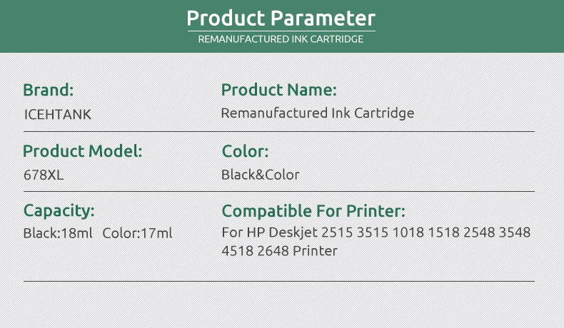 Icehtank 678XL Ink cartridges Compatible For hp 678 Cartridges hp678 For Deskjet 2515 3515 1018 1518 2548 3548 4518 2648 Printer edible ink cartridges