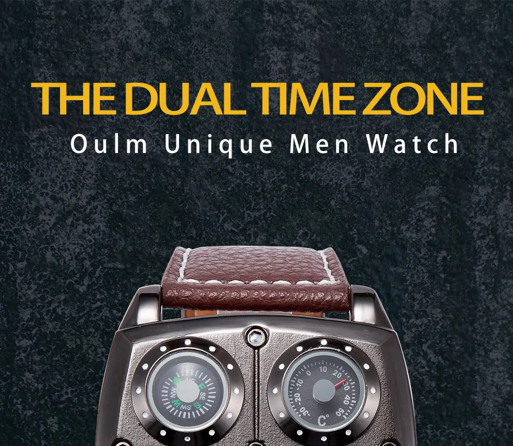 OULM 1140 Mens Watches Leather Strap Top Brand Luxury Sports Two Time Zone Big Dial Military Quartz Watch Men Relogio Masculino
