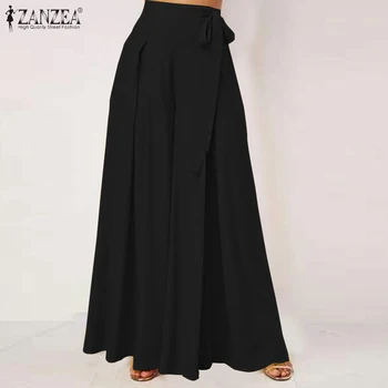 

2020 Summer Elegant Long Pantalon ZANZEA Women Solid Flare Trousers Casual High Waist Wide Leg Pants Pleated Pants Streetwear