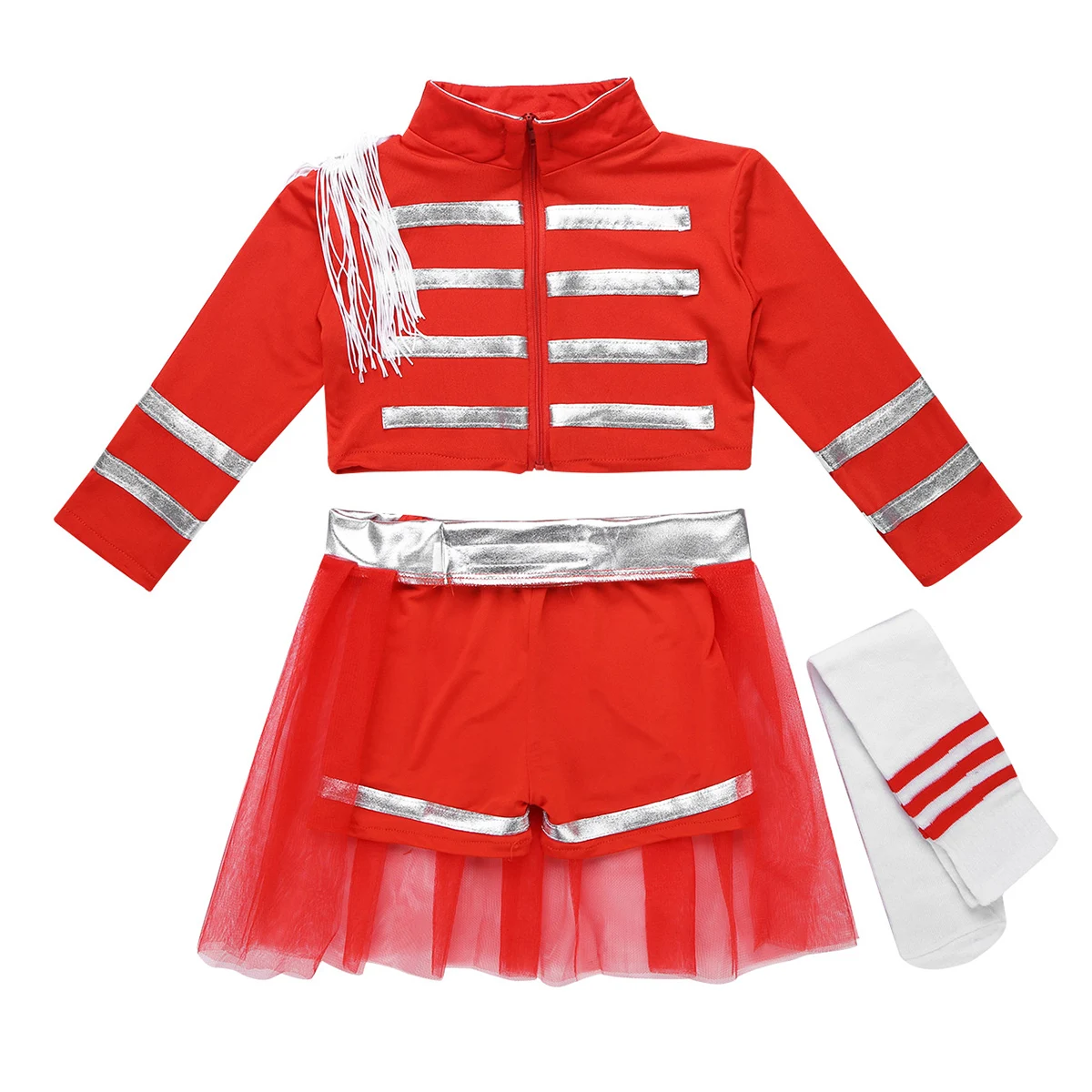 Дети девочки Черлидинг Современный Джаз Танец Униформа-костюм для косплея нарядное платье наряд укороченный топ и шорты сетчатая юбка, носки, комплект