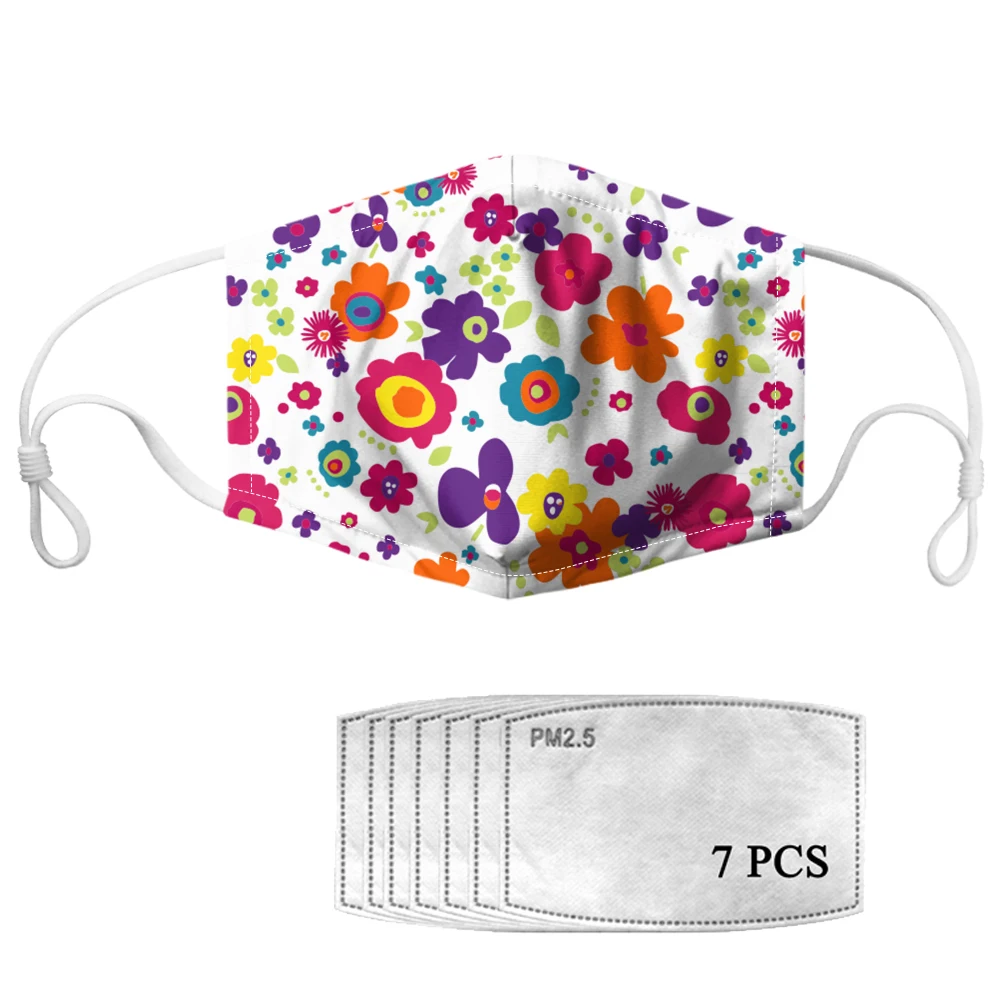 

Mouth Face Mask With Beautiful Flowers Print Add In 7PCS PM2.5 Filter Papers Washable Masks 2020 New Outdoor Used Respirator