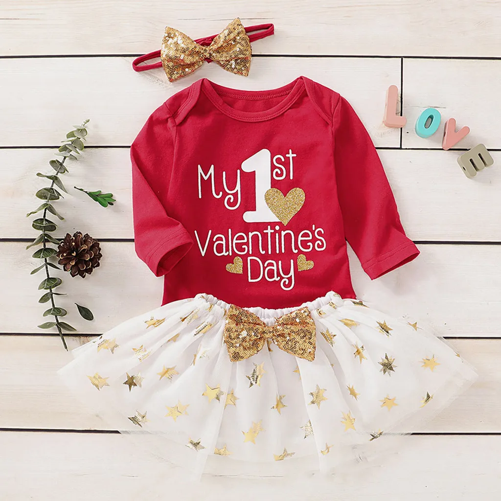 My 1st/комплекты на День святого Валентина Одежда для маленьких девочек Комбинезон с надписью+ фатиновая юбка с блестками и звездами костюм для новорожденных девочек, комплекты одежды г