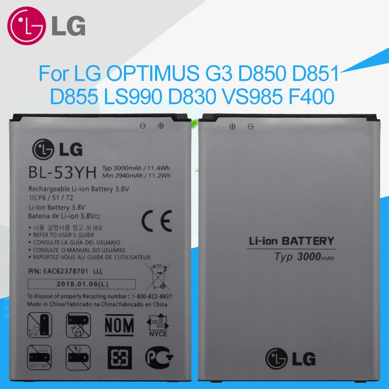 LG оригинальная замена BL-53YH 3000 мАч телефон Батарея для LG Optimus G3 D830 D850 D851 D855 LS990 VS985 F400 LG G3 батареи