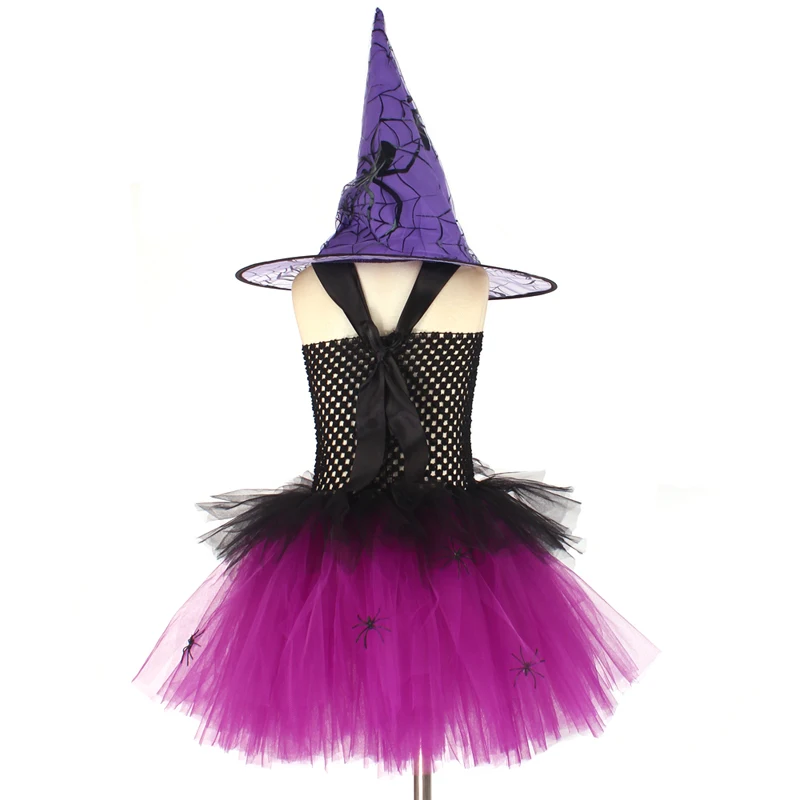 Spider Girls Witch Tutu Dress with Hat Black Purple Children Halloween Carnival Cosplay Witch Costume Kids Party Fancy Dresses (4)