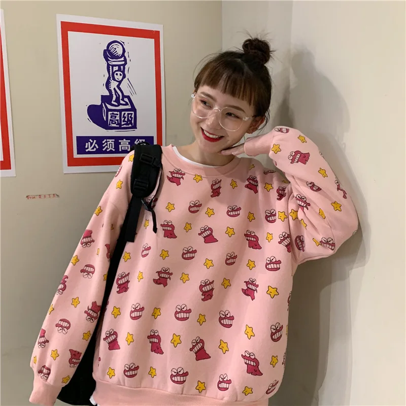 Harajuku/корейский бренд; толстовки с принтом динозавра в Корейском стиле; Милая толстовка с длинными рукавами; цвет розовый; повседневные свободные пуловеры с круглым вырезом; большие размеры