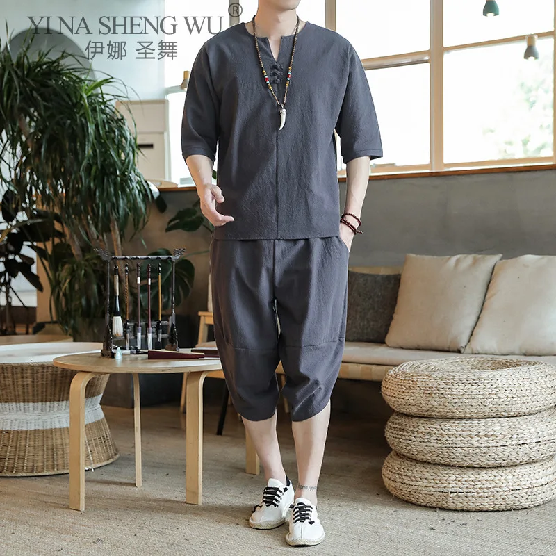 Japanese Style Suits Kimono Short-Sleeved Harajuku T-shirt Pants Men Tops Trousers Male Japan Harajuku Yukata Costumes 2pcs Set