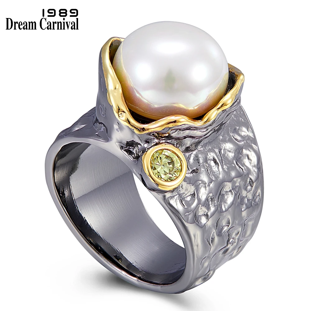 DreamCarnival1989 Blooming Hot Design Pearl Rings for Women Creative-Wedding-Engagement Gothic Jewelry Black Gold Color WA11777