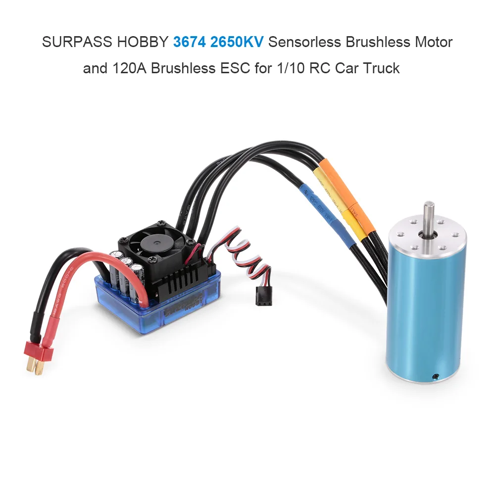 

High Quality 3674 2650KV Sensorless Brushless Motor and 120A Brushless ESC Electronic Speed Controller for 1/10 1/8 RC Car