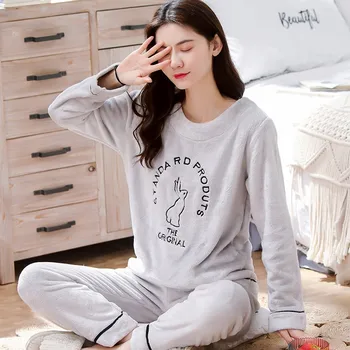 

Autumn Winter New Nightwear Women Coral Fleece 2PCS Sleepwear Warm Flannel Pajamas Suit Intimate Lingerie Soft Home Clothes