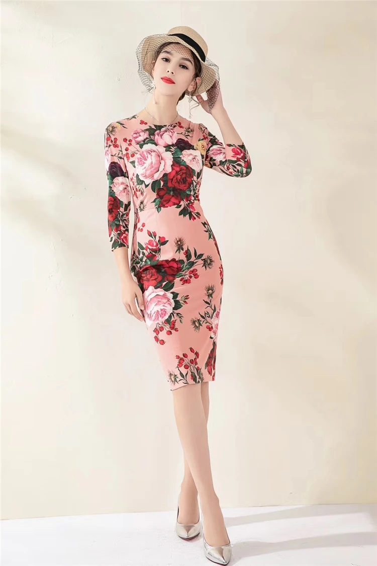 Truevoker весенние дизайнерские Романтический Robe Ete Для женщин High End розового цвета с цветочным принтом по колено карандаш вечерние платья