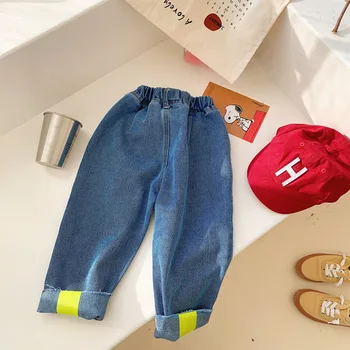 

WLG spring autumn boys girls jeans kids denim blue yellow striped jean baby fashion all match trousers for 2-7 years