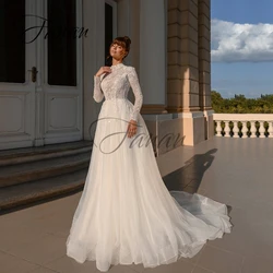 High Neck A-Line Lace Appliques Wedding Dresses Long Sleeve Tulle Ruched Bridal Gown vestido de novia robe de mariée платье