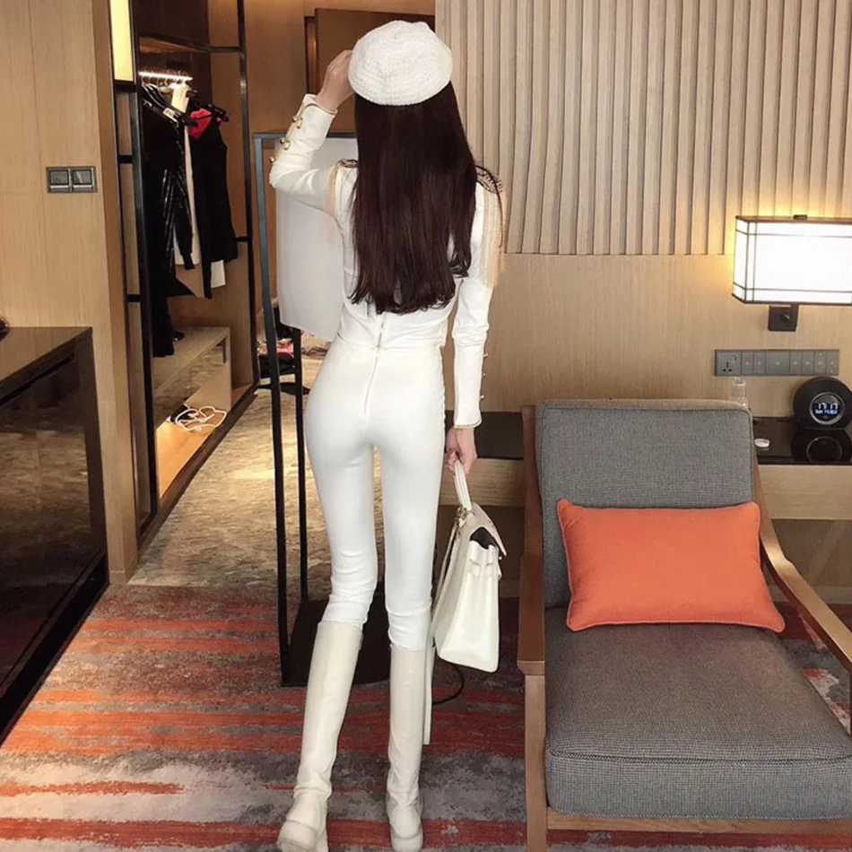 New Autumn And Winter Ladies Club Bandage Suit Black White Fringed Shirt And Pants 2 Pieces Two-Piece Club Party Suit