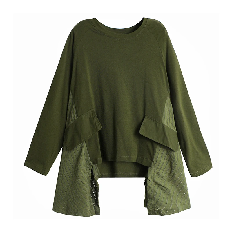 [EAM] Women Army Green Irregular Split Big Size T-shirt New Round Neck Long Sleeve  Fashion Tide  Spring Autumn 2020 1Z450