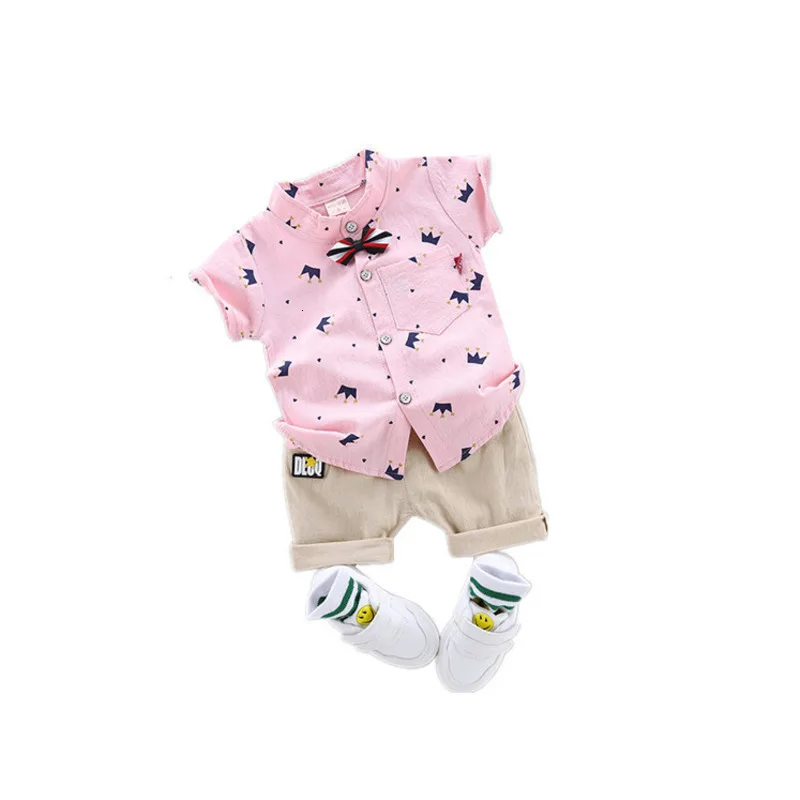 Модное Летнее Детское платье Костюмы костюм для маленьких мальчиков и девочек с принтом «Корона», Рубашка с отворотом шорты 2 шт./компл. детской одежды; пальто для малышей; Повседневная одежда