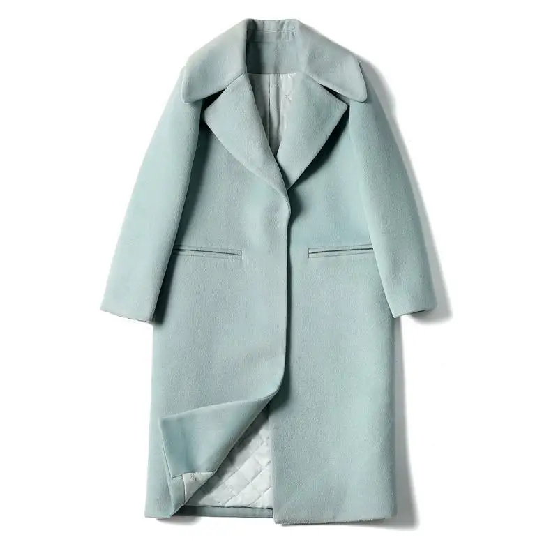 Koop Herfst winter wollen jas vrouwen mode turn down kraag medium lange bovenkleding dames plus size Koreaanse stijl kaki wollen jassen